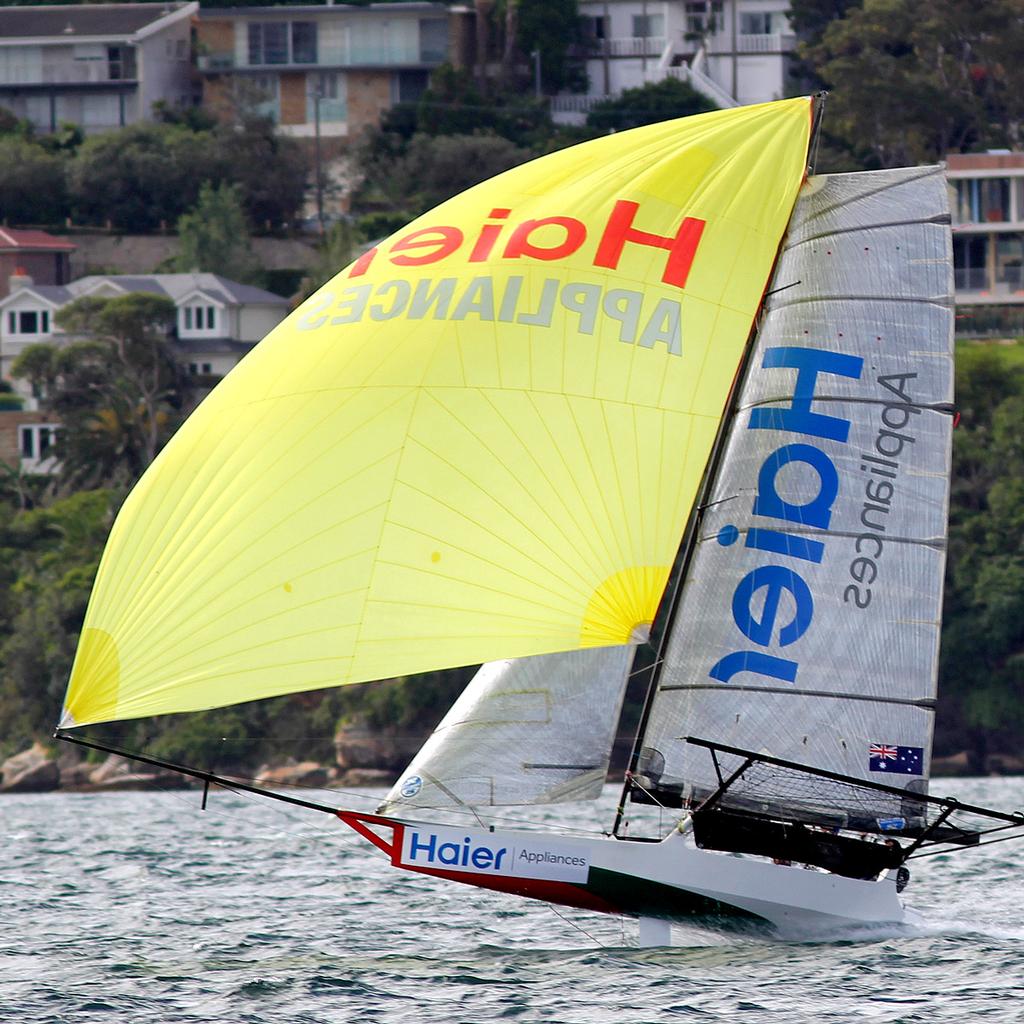 Haier Appliances on the spinnaker run down the centre of the harbour - R. Watt Memorial Trophy Sunday, 9 October, 2016 Sydney Harbour © Frank Quealey /Australian 18 Footers League http://www.18footers.com.au